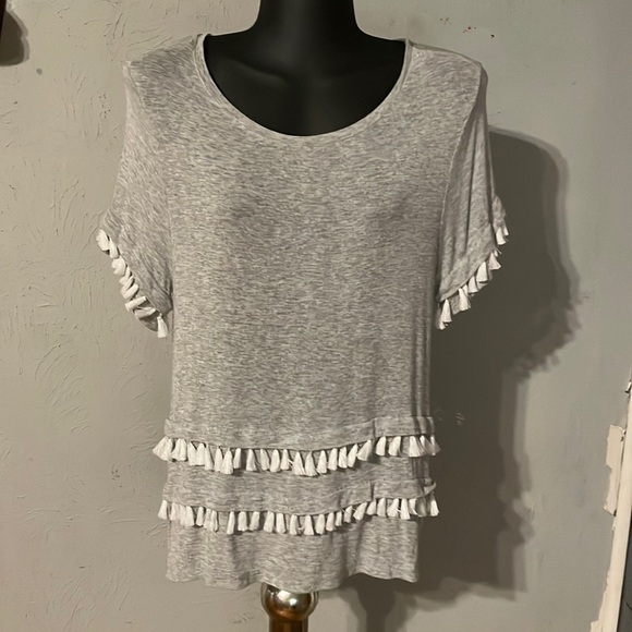 NWOT small H & M gray shirt white fringed sleeve & hem flared shirt top blouse - Picture 1 of 16